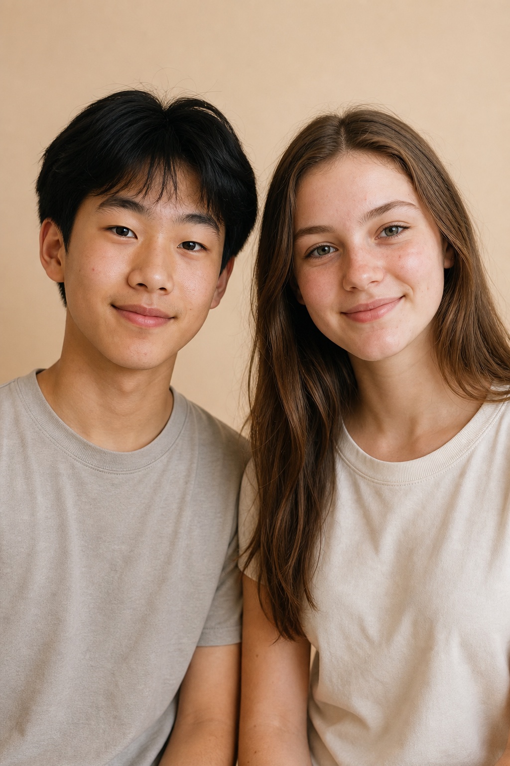 Asian and Western teenagers aged 14 to 16 with natural skin texture